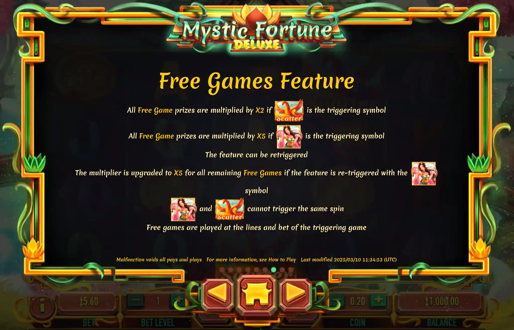 Visual of the free games feature being triggered in Mystic Treasure Deluxe