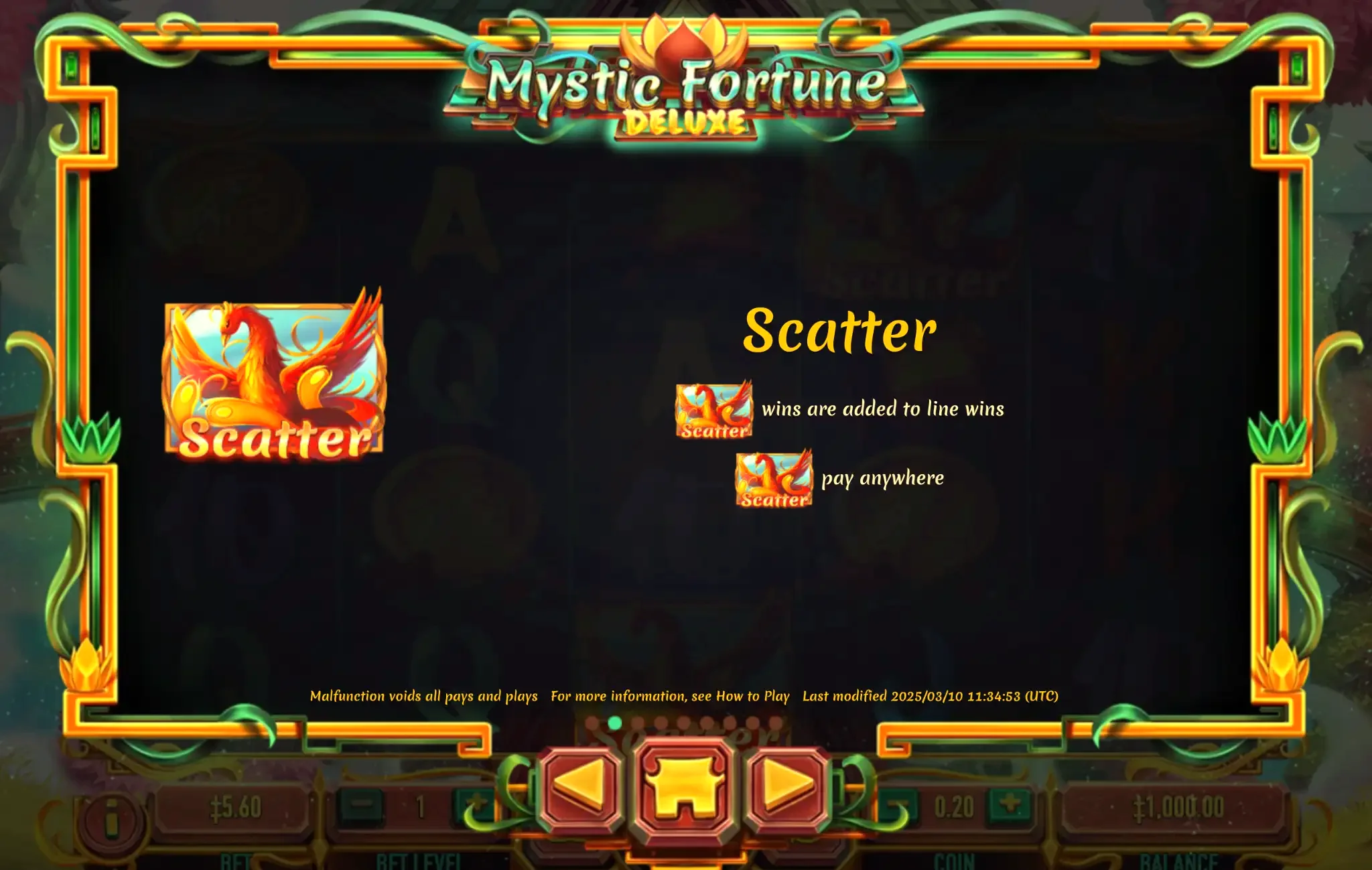 Information screen detailing the scatter symbol bonus and free spins